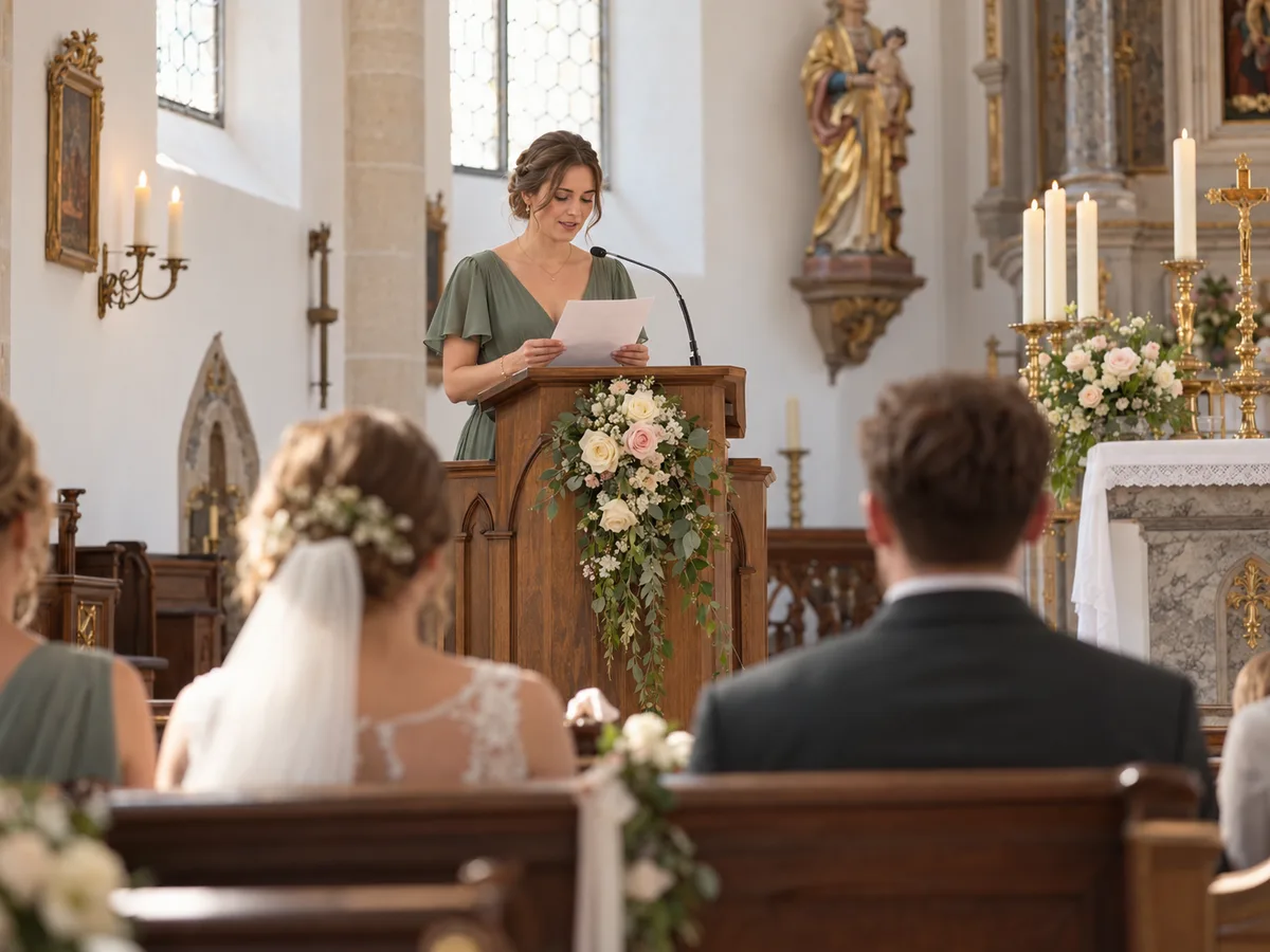 Blick über das Brautpaar in der ersten Kirchenbank nach vorn: Ein Hochzeitsgast in grünem Kleid liest am hölzernen Ambo mit Blumengesteck eine Fürbitte von einem Blatt ins Mikrofon