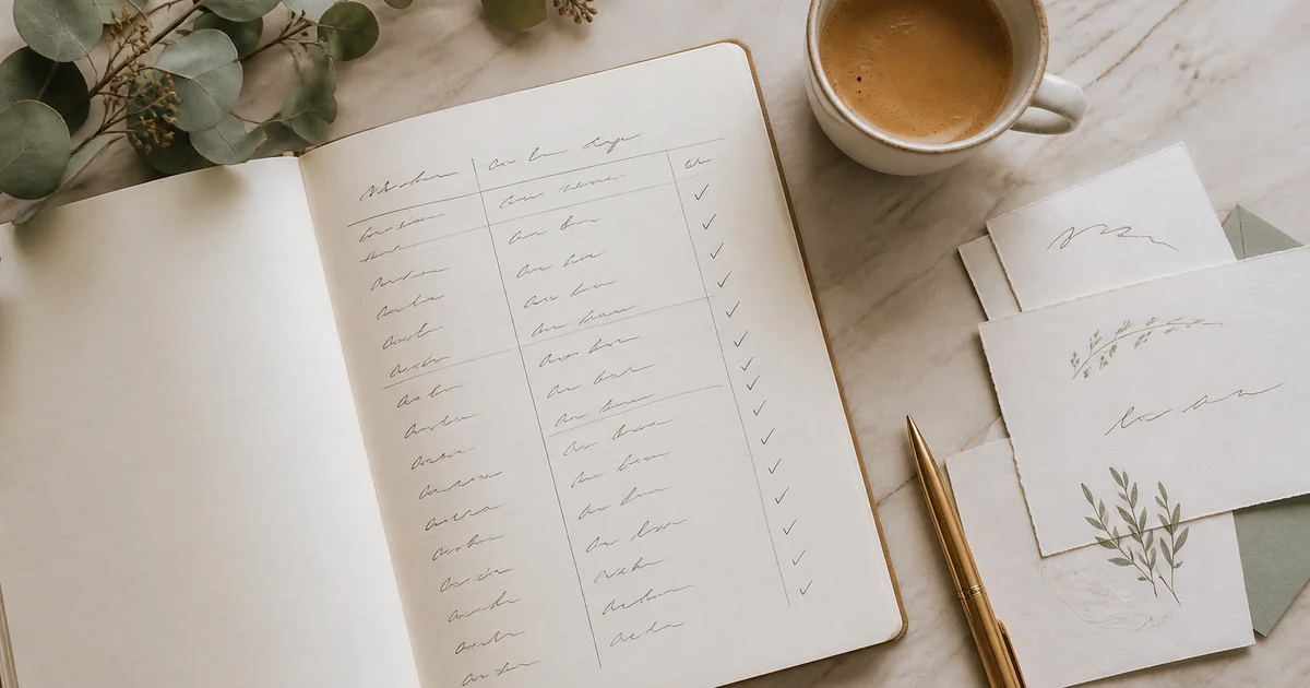 Handgeschriebene Gästeliste in einem Notizbuch mit Häkchen, daneben Kaffee und Einladungskarten