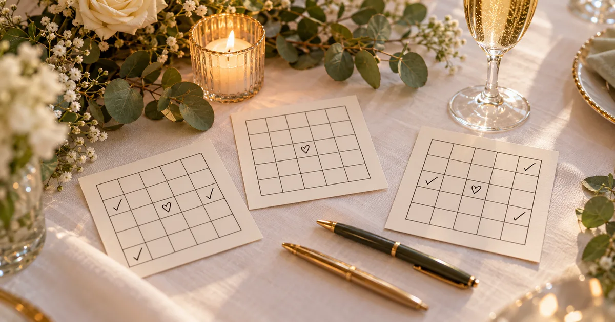 Drei ausgedruckte Bingokarten mit leerem Raster, Herz in der Mitte und einzelnen Häkchen, daneben zwei Stifte, Sektglas, Kerze und Eukalyptus auf einem Hochzeitstisch