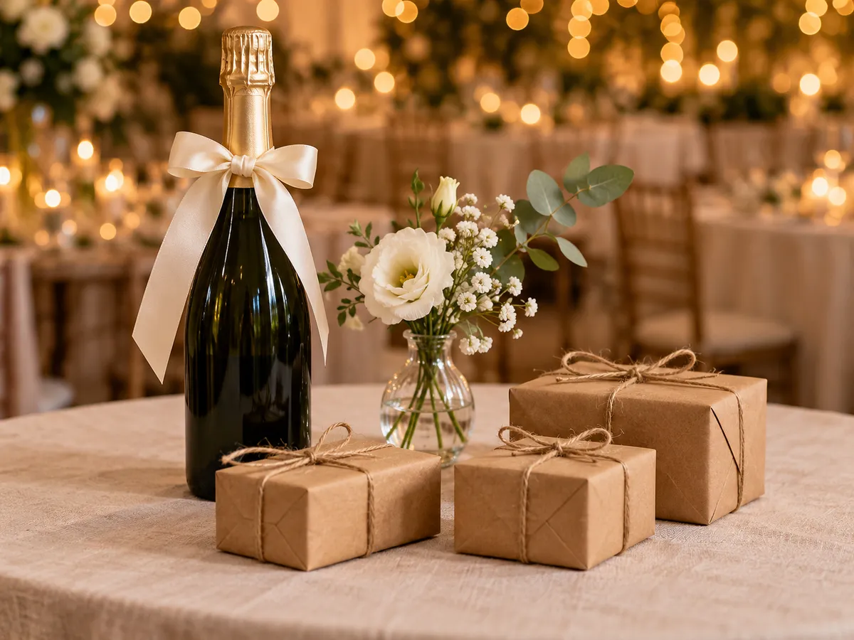 Sektflasche mit cremefarbener Schleife, drei in Packpapier gewickelte Päckchen und eine kleine Vase mit weißen Blumen auf einem Tisch im festlich beleuchteten Saal