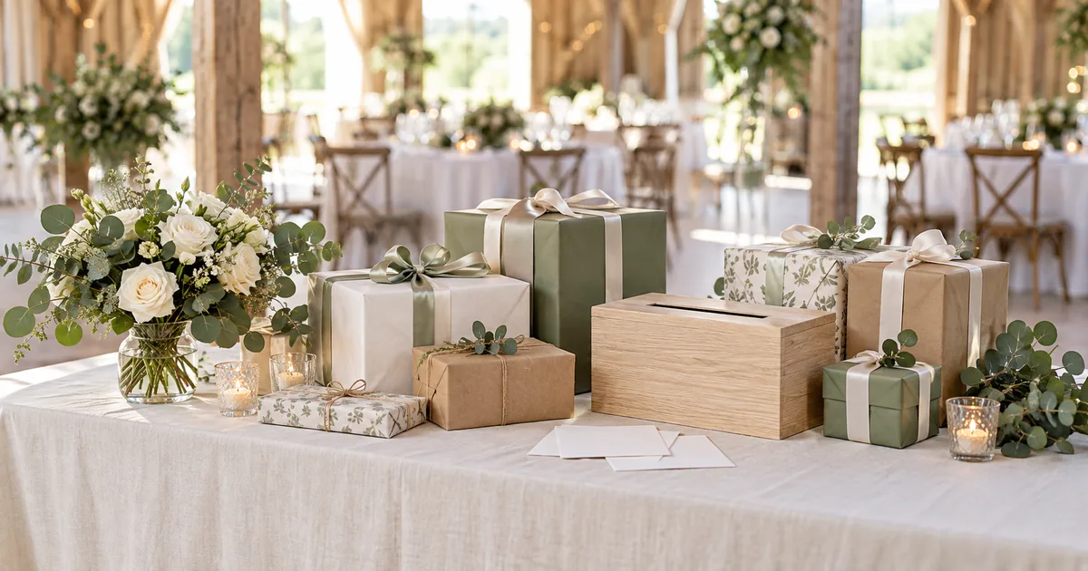 Tisch mit Leinendecke in einer Scheune, darauf verpackte Geschenke in Weiß, Salbeigrün und Packpapier, eine Holzbox mit Schlitz für Karten, leere Umschläge und weiße Rosen mit Eukalyptus