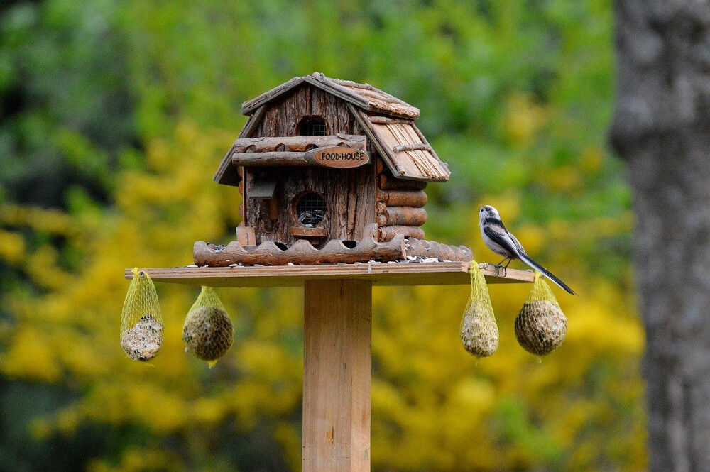 Selbstgemachtes Vogelhaus aus Holz mit vier Futterstationen