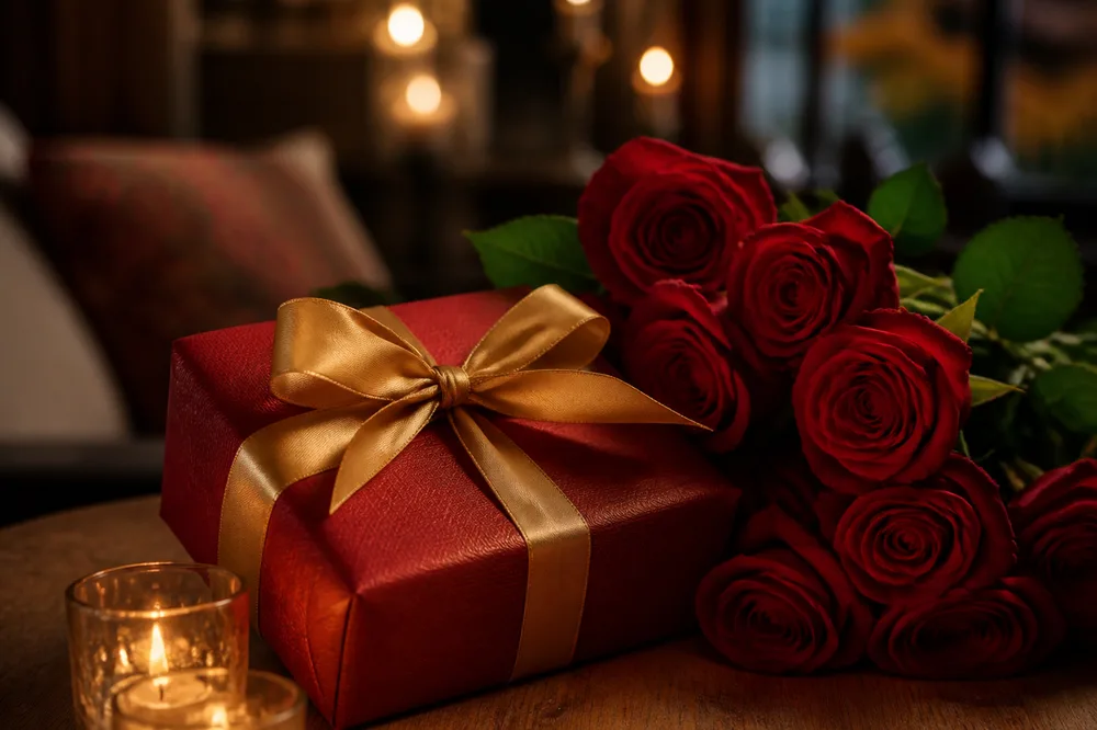 Ein rot verpacktes Geschenk mit goldener Schleife neben einem Strauß roter Rosen und Kerzen