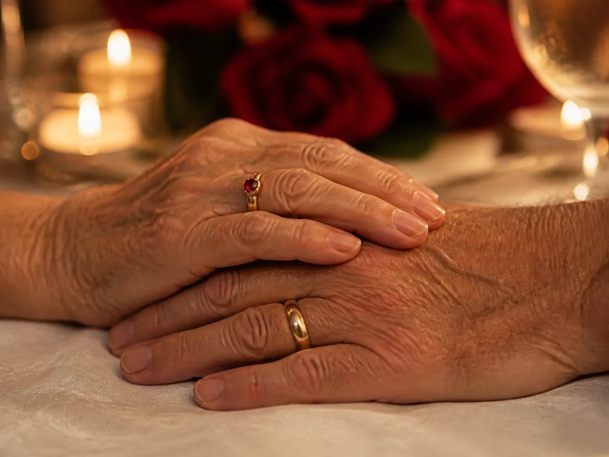 Zwei ineinandergelegte Hände eines älteren Ehepaares, die Frau trägt einen Ring mit rotem Rubin, im Hintergrund Kerzen und rote Rosen