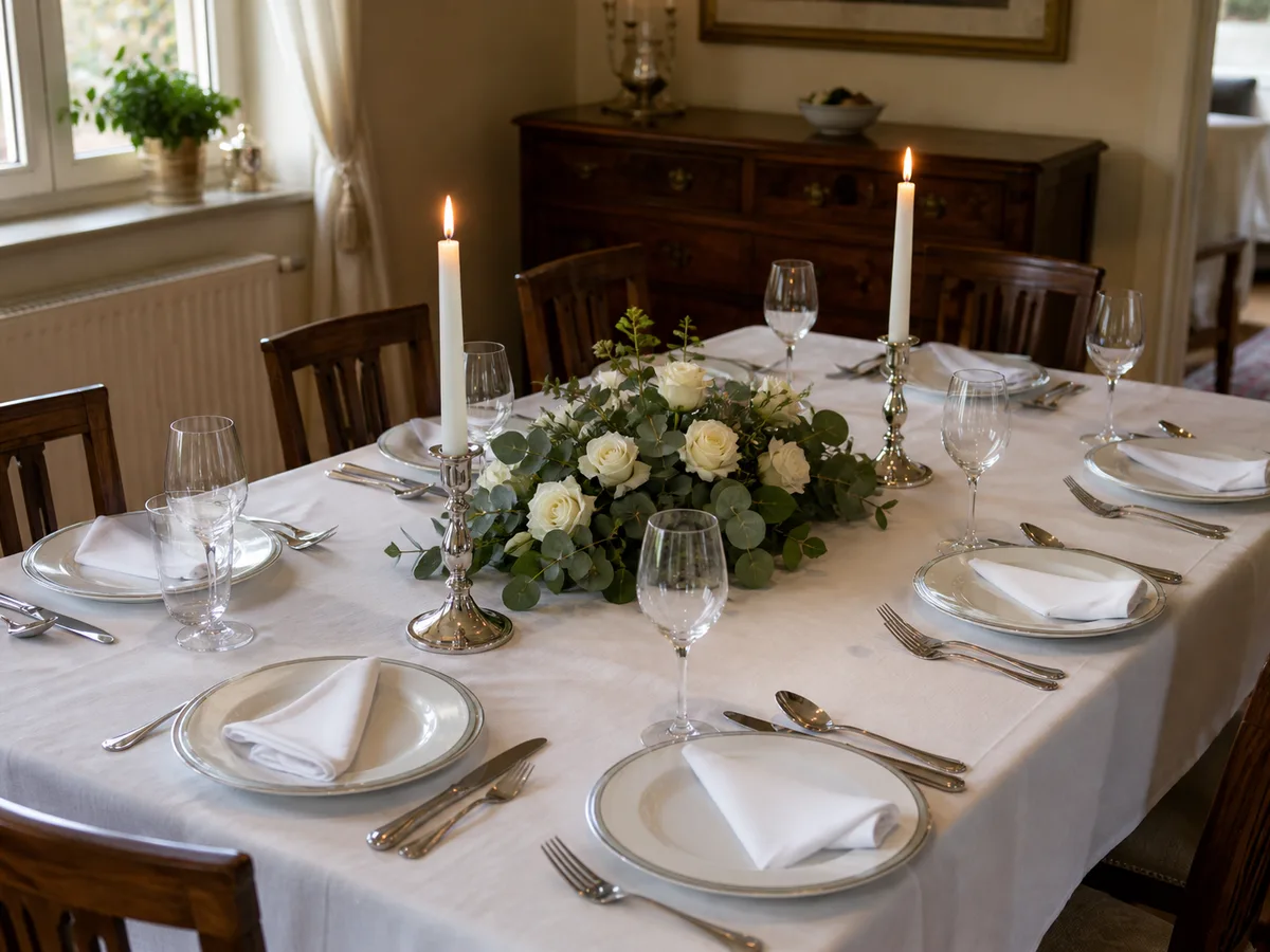 Festlich gedeckte Tafel mit weißer Tischdecke, Silberbesteck, Silberkerzenständern und weißen Rosen