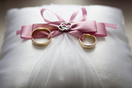Zwei goldene Eheringe liegen auf einem kissen und sind mit einer rosa Schleife verbunden