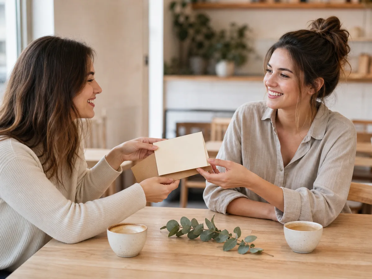 Zwei Frauen an einem Cafetisch, eine überreicht der anderen eine blanko Karte mit Umschlag