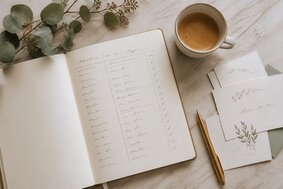 Handgeschriebene Gästeliste in einem Notizbuch mit Häkchen, Kaffee und Einladungskarten