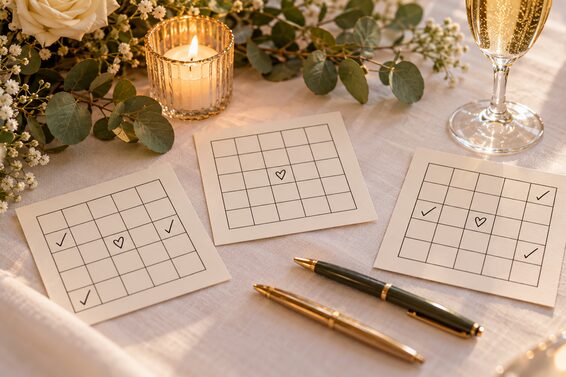 Drei Bingokarten mit Häkchen im Raster, Stifte und Sektglas auf einem Hochzeitstisch