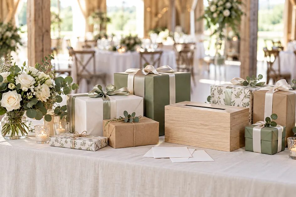 Geschenketisch mit verpackten Geschenken, einer Holzbox für Karten und weißen Rosen