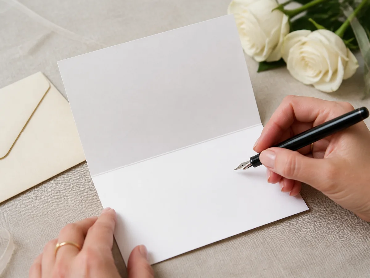 Hände schreiben mit einem Füller in eine leere weiße Glückwunschkarte neben Umschlag und weißen Rosen
