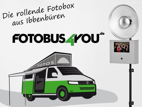 Graphik mit dem Logo Fotobus4You, einem Fotobus und der stehenden Fotobox