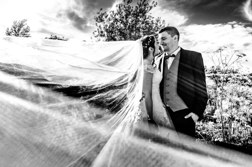 Das Ehepaar posiert vor der Natur und der Brautschleier verziert das Foto