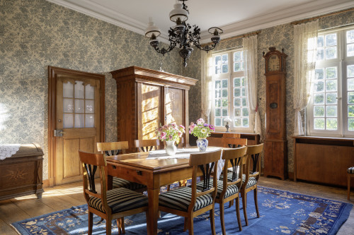 In der Mitte vom Salon steht ein hölzerner Tisch mit 8 Plätzen; rechts an der Wand sind zwei Sprossenfenster mit einer Standuhr; links an der Eingang befindet sich die Eingangstür; die Wände sind tapeziert