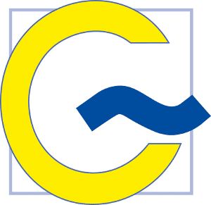 Logo der Stadt Greven: Der Buchstabe 'G', welcher aus einer blauen Welle und einem gelben Halbkreis besteht